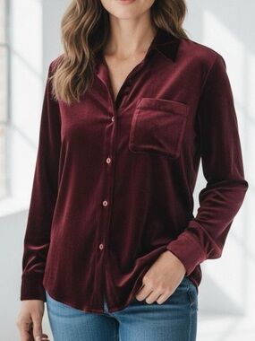 Ann Taylor Velvet Button-Front Shirt - Burgundy